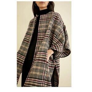 Eva Franco Plaid Wool Blend Kimono Coat Wrap Jacket XS/S Oversized